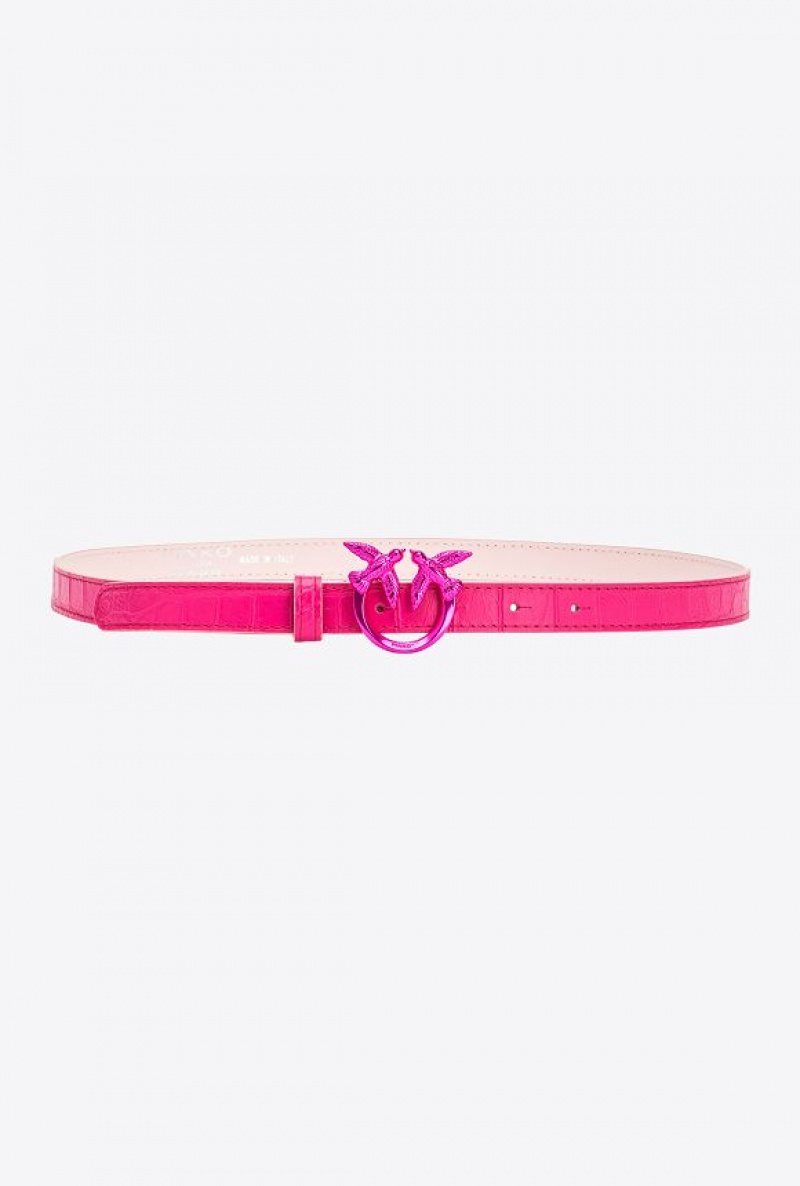 Pinko Galleria Thin Matte Crocodile Læder Belt With Love Birds 2cm Růžové | SN-PKO34175