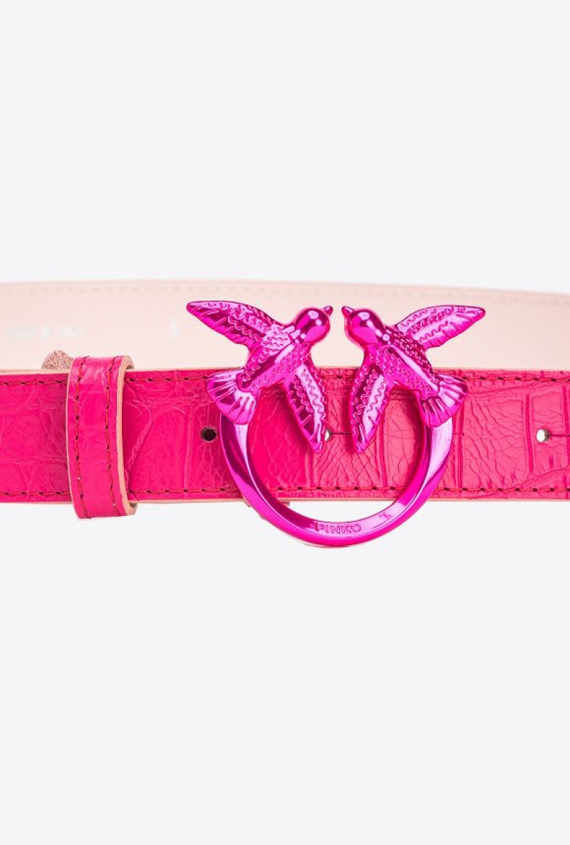 Pinko Galleria Thin Matte Crocodile Læder Belt With Love Birds 3cm Růžové | SN-PKO34176