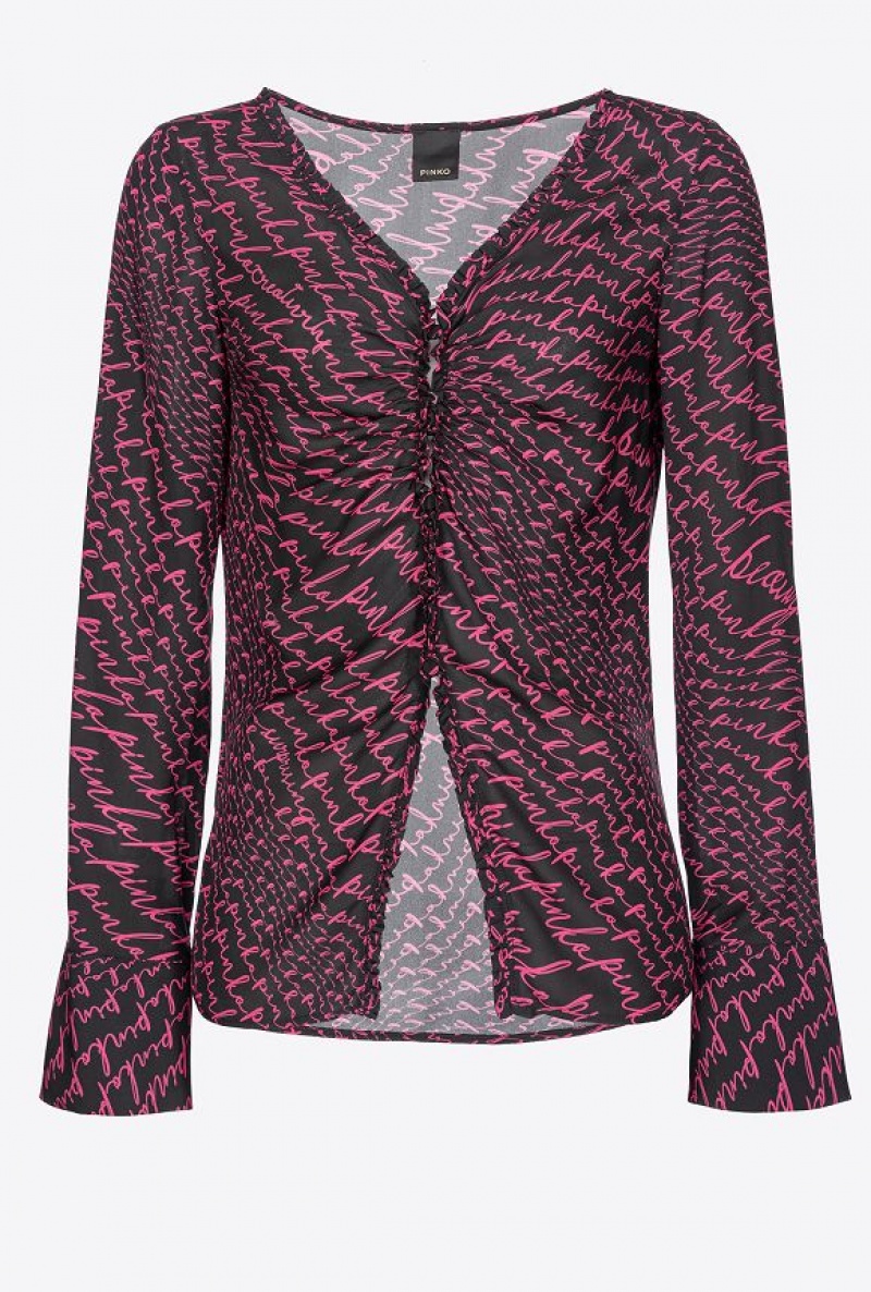 Pinko Georgette Blouse With Fluid Logo Print Černé Fuchsie | SN-PKO33197