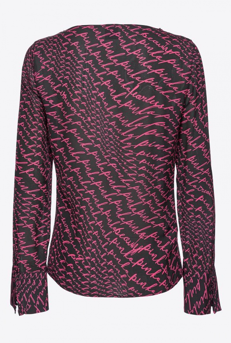 Pinko Georgette Blouse With Fluid Logo Print Černé Fuchsie | SN-PKO33197