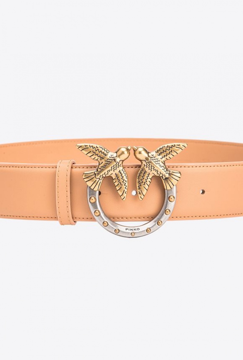 Pinko High-waist Love Birds Belt With Studs 4cm Béžový Zlaté | SN-PKO34245