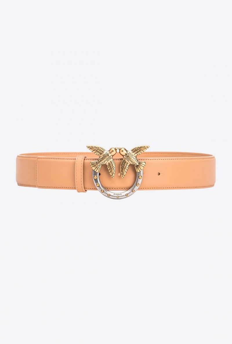 Pinko High-waist Love Birds Belt With Studs 4cm Béžový Zlaté | SN-PKO34245