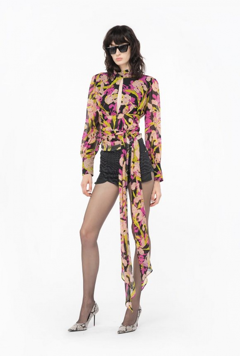 Pinko Iris-print Blouse With Cut-out Černé Fuchsie | SN-PKO33201