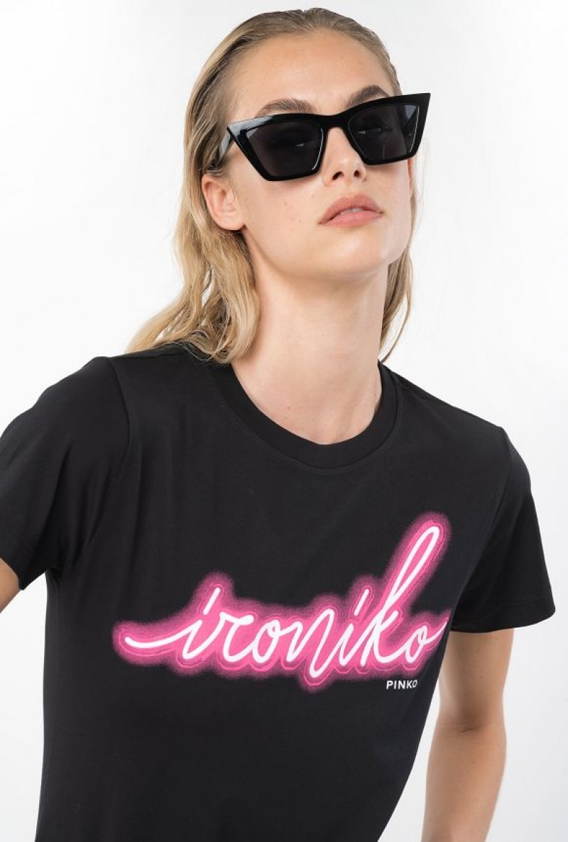 Pinko Ironiko-print T-shirt Černé Fuchsie | SN-PKO33343