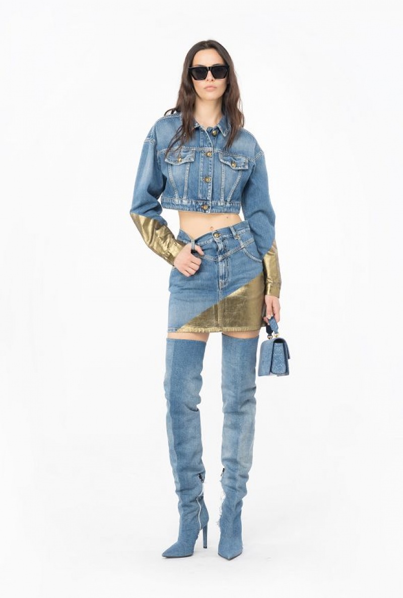 Pinko Krátké Golden Denim Jacket Světle Blankyt Zlaté | SN-PKO33593