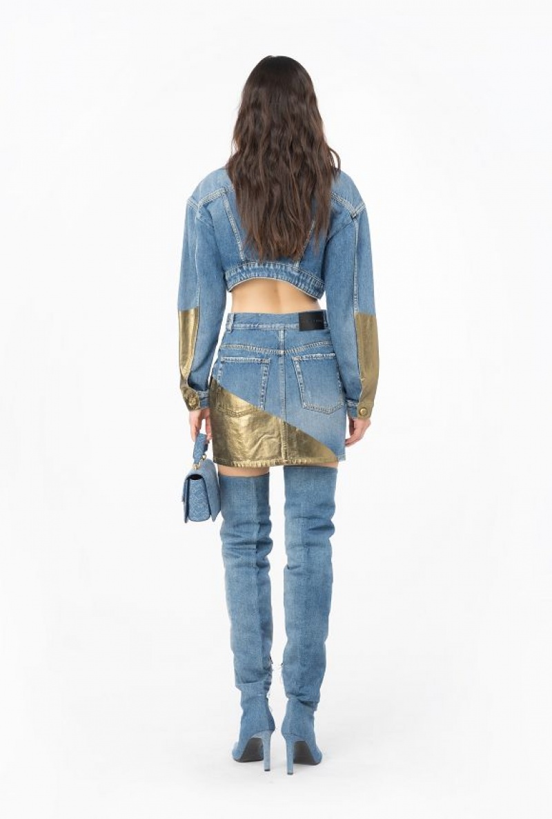 Pinko Krátké Golden Denim Jacket Světle Blankyt Zlaté | SN-PKO33593