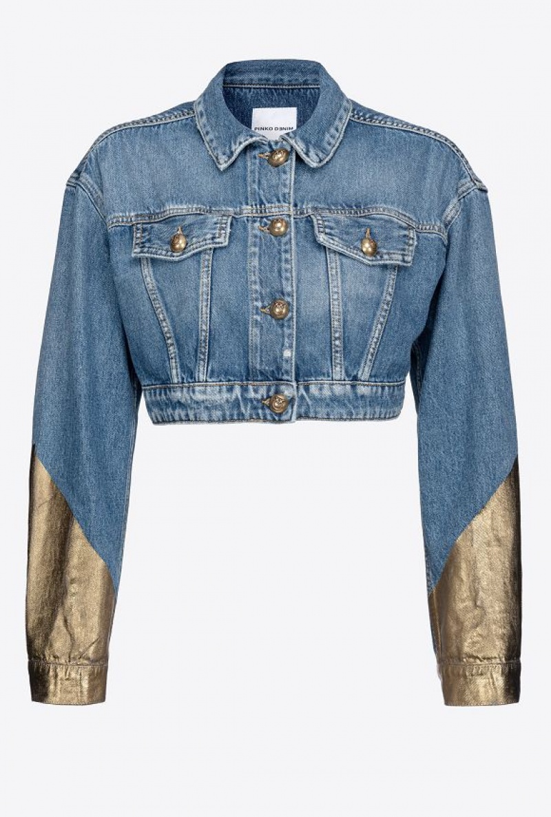 Pinko Krátké Golden Denim Jacket Světle Blankyt Zlaté | SN-PKO33593