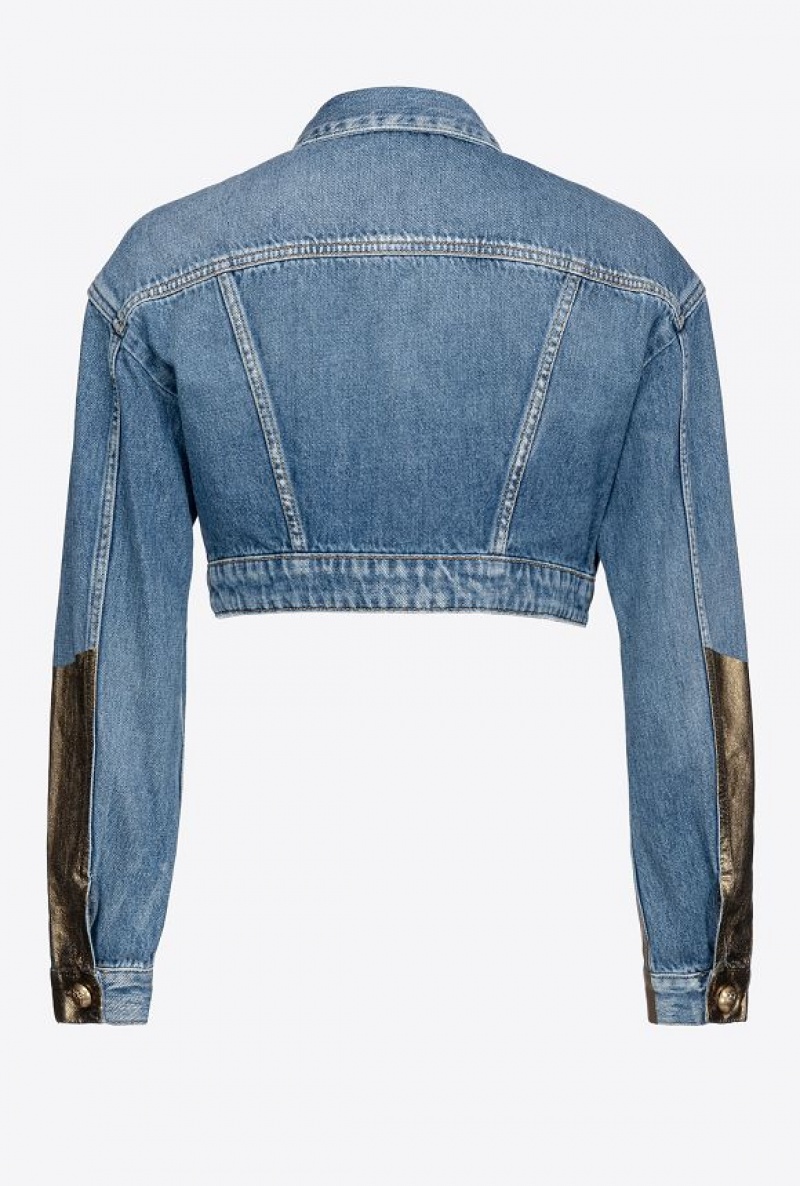 Pinko Krátké Golden Denim Jacket Světle Blankyt Zlaté | SN-PKO33593