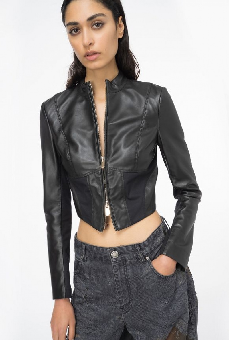 Pinko Krátké Læder And Fabric Cyklistické Jacket Černé | SN-PKO33575