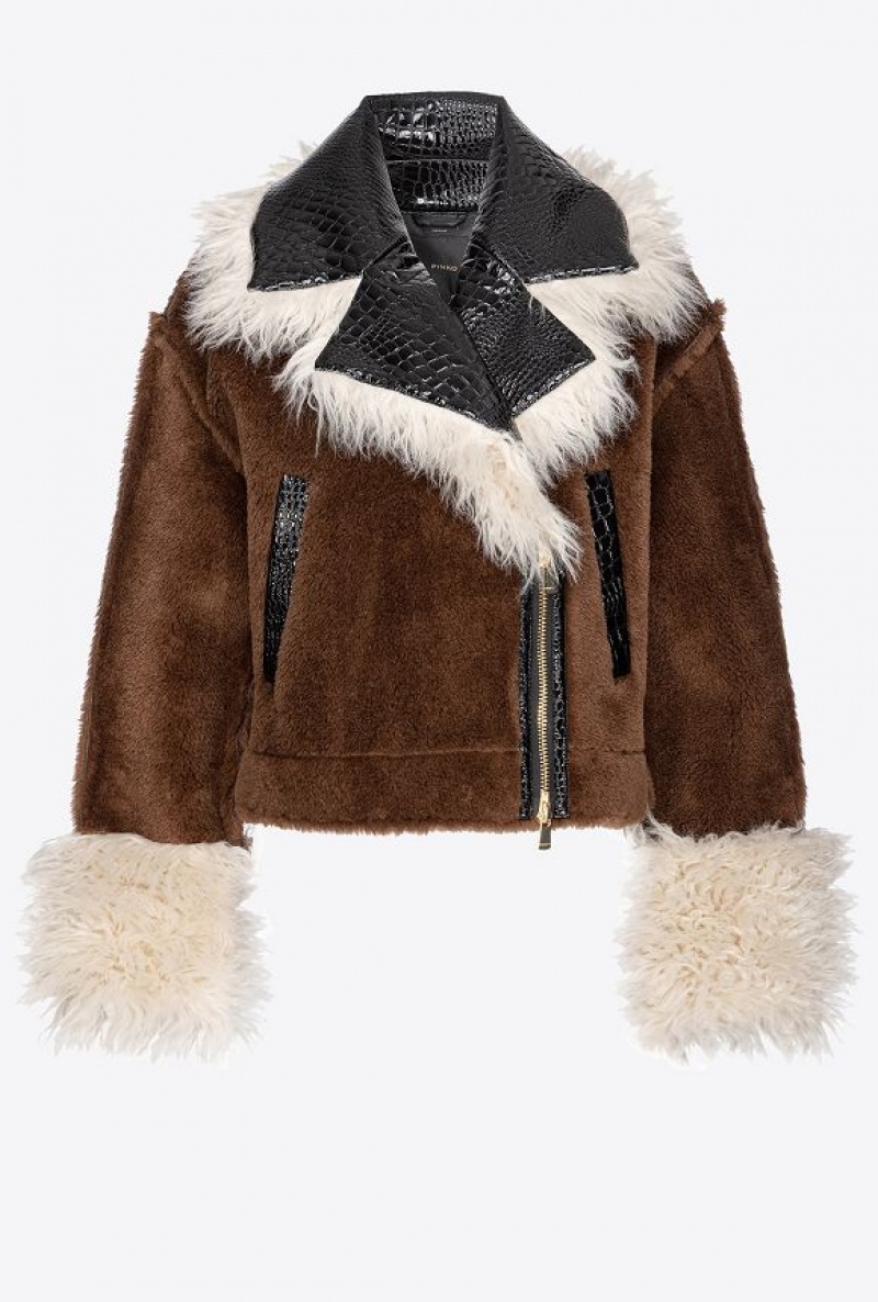 Pinko Krátké Sheepskin-effect Pea Coat With Patch Hnědé Černé | SN-PKO33622