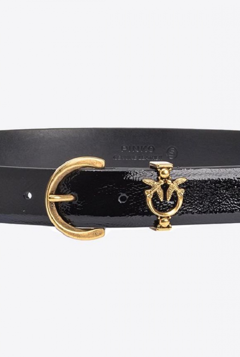 Pinko Lakovaná Læder Belt With Love Birds Detail 3cm Černé Zlaté | SN-PKO34225