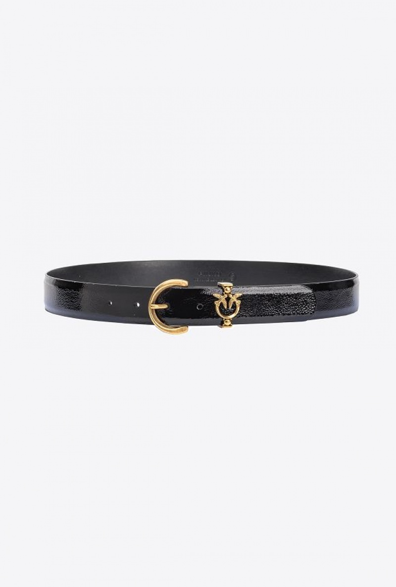 Pinko Lakovaná Læder Belt With Love Birds Detail 3cm Černé Zlaté | SN-PKO34225