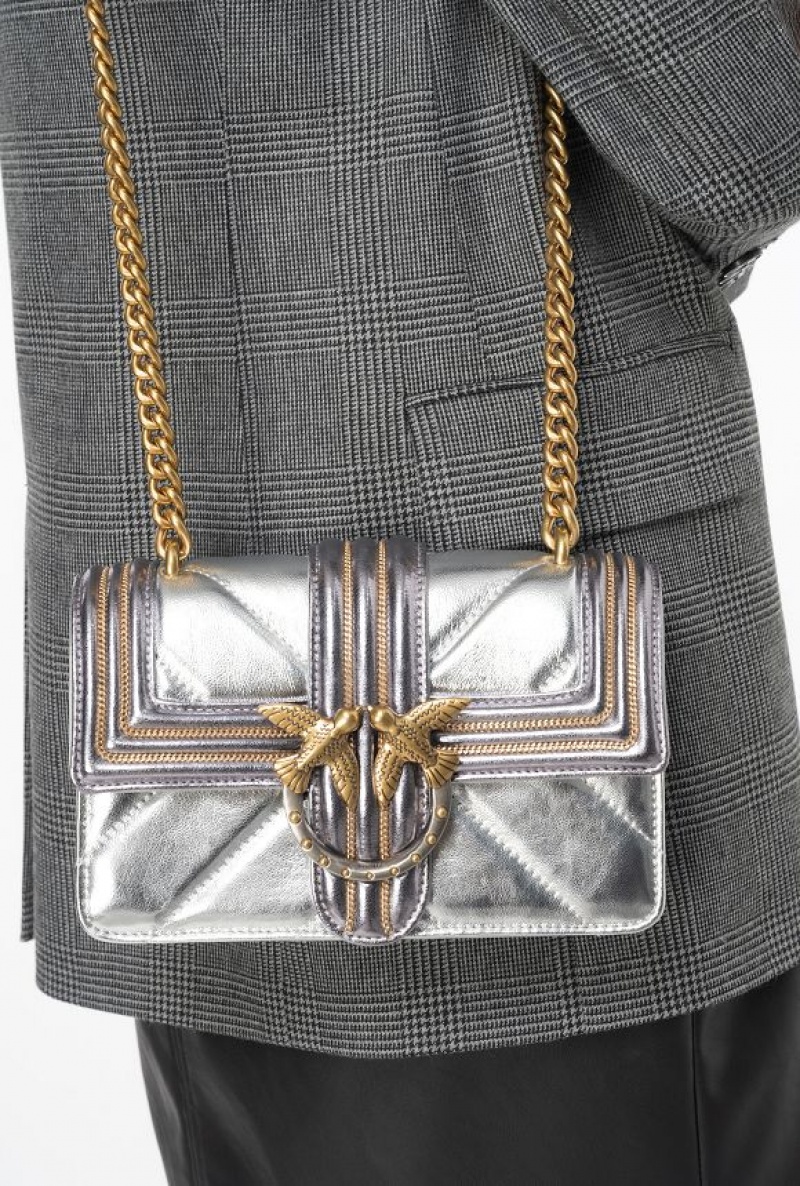 Pinko Laminated Mini Love Bag One With Chain Embroidery Stříbrné Zlaté | SN-PKO32555