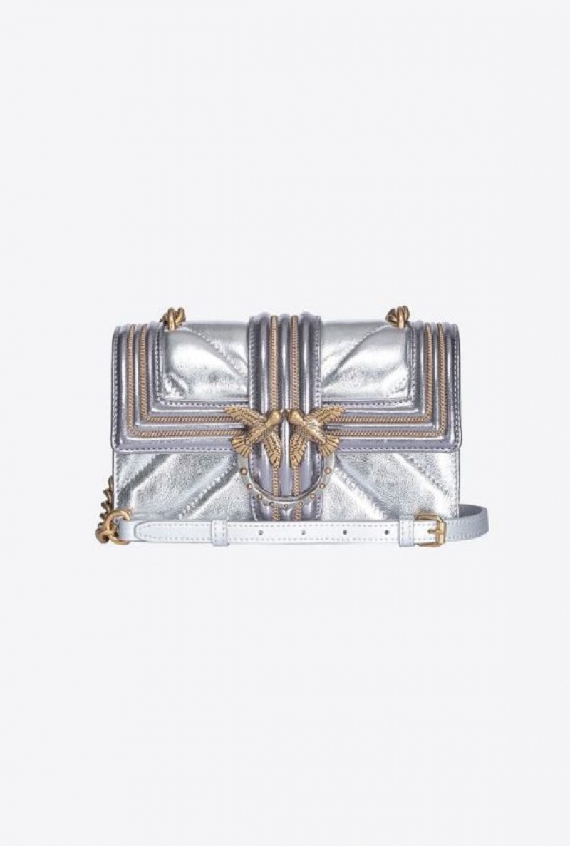 Pinko Laminated Mini Love Bag One With Chain Embroidery Stříbrné Zlaté | SN-PKO32555