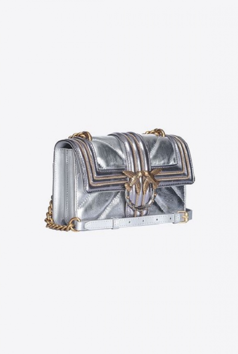 Pinko Laminated Mini Love Bag One With Chain Embroidery Stříbrné Zlaté | SN-PKO32827