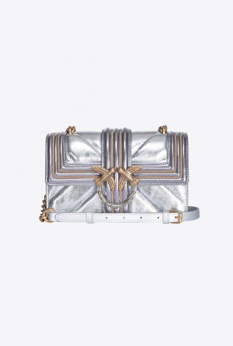 Pinko Laminated Mini Love Bag One With Chain Embroidery Stříbrné Zlaté | SN-PKO32827