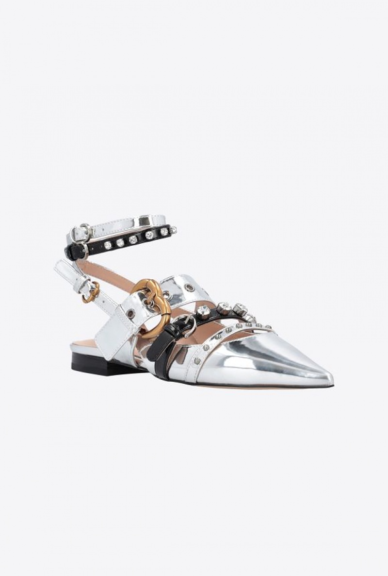 Pinko Laminated Pointed-toe Slingbacks With Rhinestones Stříbrné | SN-PKO34160