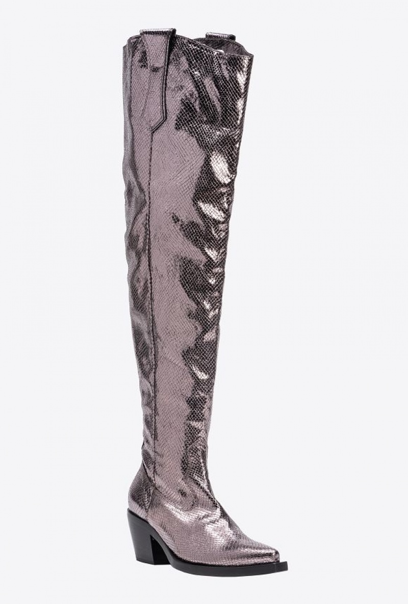 Pinko Laminated Thigh-high Texan Boots Šedé | SN-PKO34142