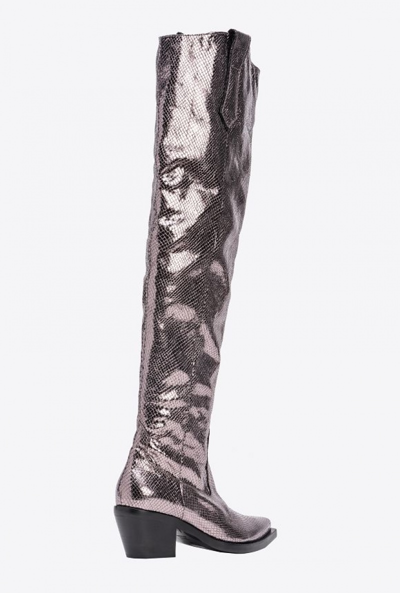 Pinko Laminated Thigh-high Texan Boots Šedé | SN-PKO34142