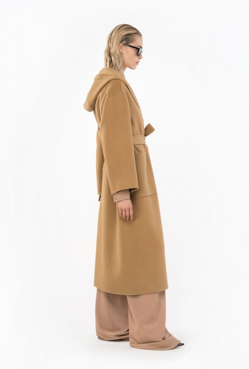 Pinko Long Cloth Coat With Hood Béžový Hnědé | SN-PKO33667