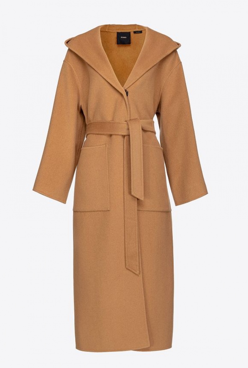 Pinko Long Cloth Coat With Hood Béžový Hnědé | SN-PKO33667