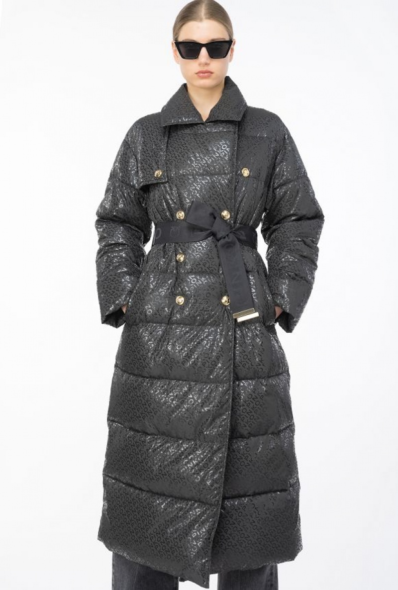 Pinko Long Down Jacket With Glossy Logo Print Černé | SN-PKO33653