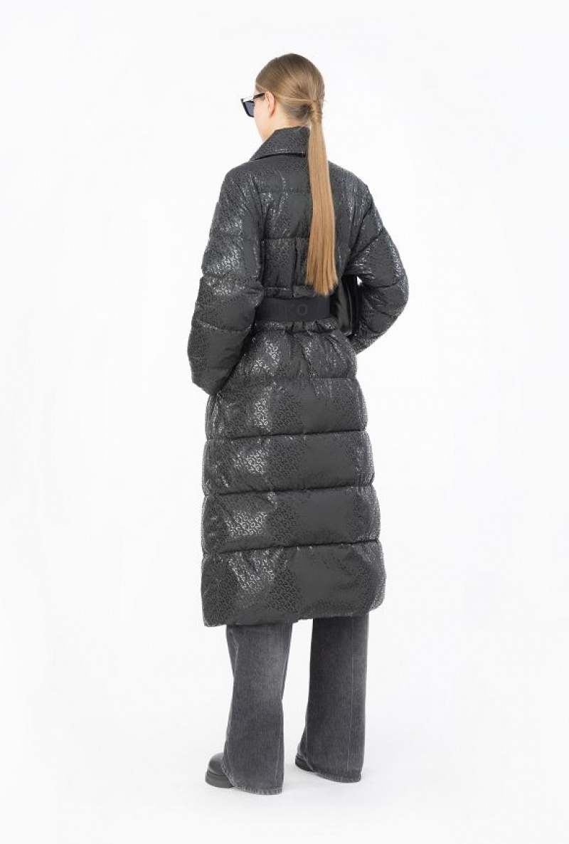 Pinko Long Down Jacket With Glossy Logo Print Černé | SN-PKO33653