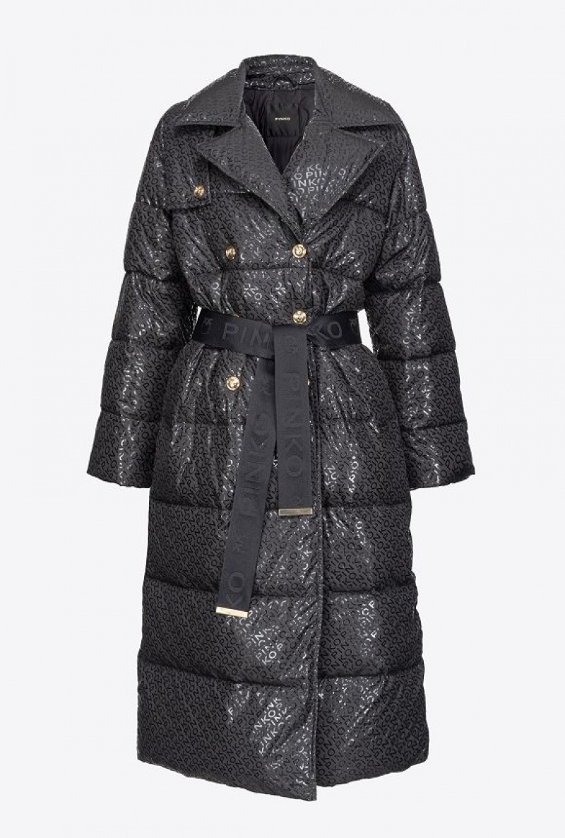 Pinko Long Down Jacket With Glossy Logo Print Černé | SN-PKO33653