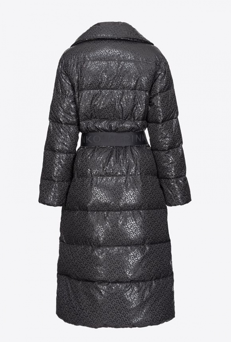 Pinko Long Down Jacket With Glossy Logo Print Černé | SN-PKO33653