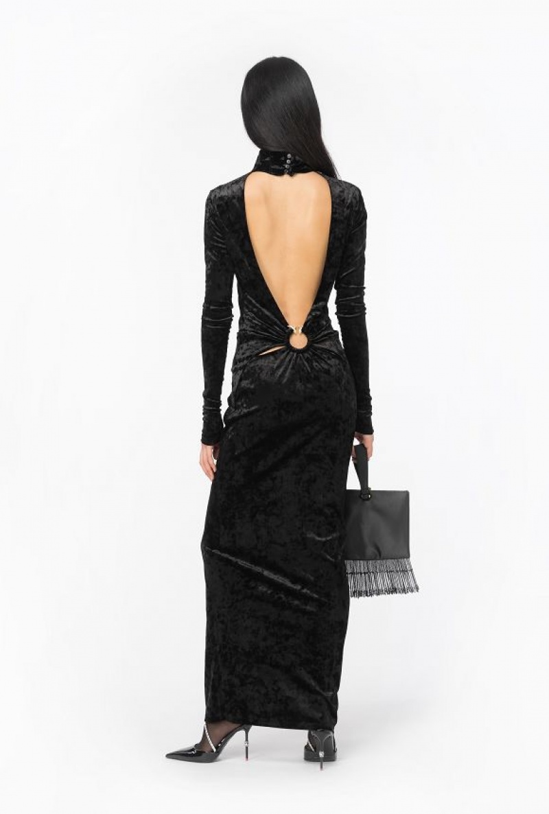 Pinko Long Velvet Šaty With Open Back Černé | SN-PKO33095