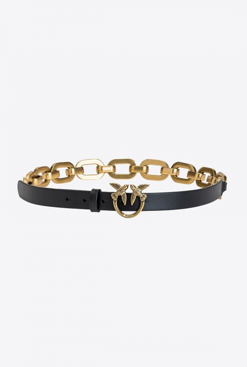 Pinko Love Birds Belt With Large Chain Černé Zlaté | SN-PKO34211