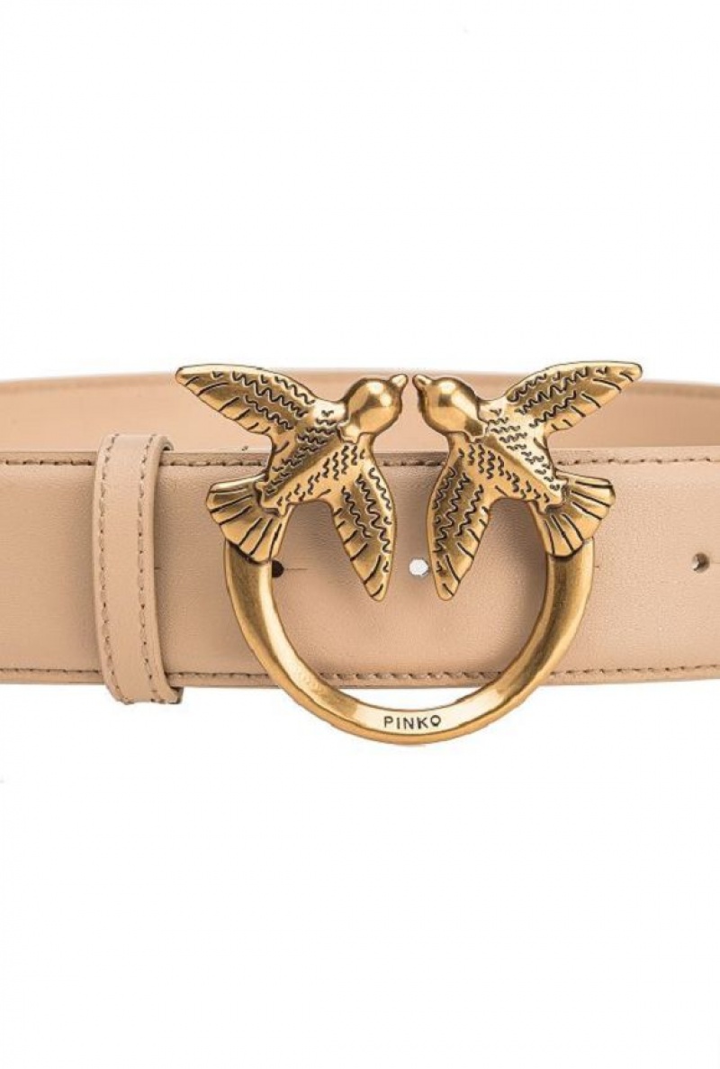 Pinko Love Birds High Læder Belt 4cm Hnědé Zlaté | SN-PKO34227