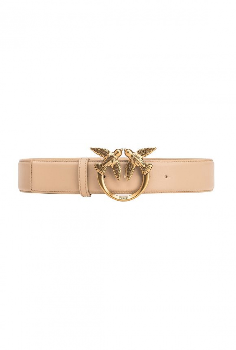 Pinko Love Birds High Læder Belt 4cm Hnědé Zlaté | SN-PKO34227