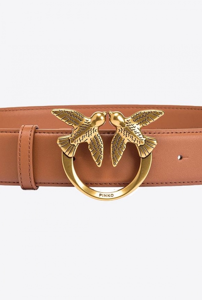 Pinko Love Birds High Læder Belt 4cm Hnědé Zlaté | SN-PKO34228