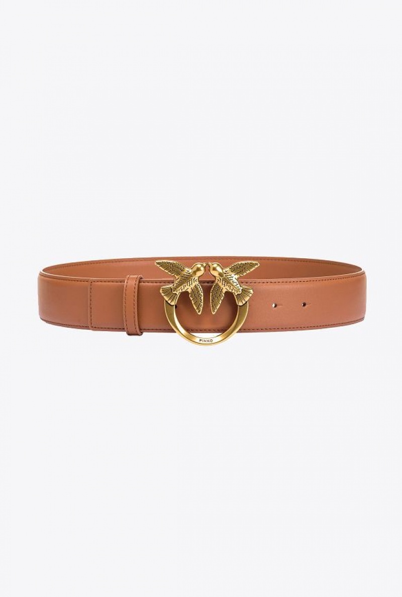 Pinko Love Birds High Læder Belt 4cm Hnědé Zlaté | SN-PKO34228