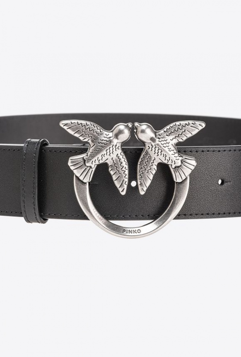 Pinko Love Birds High Læder Belt 4cm Černé Stříbrné | SN-PKO34253