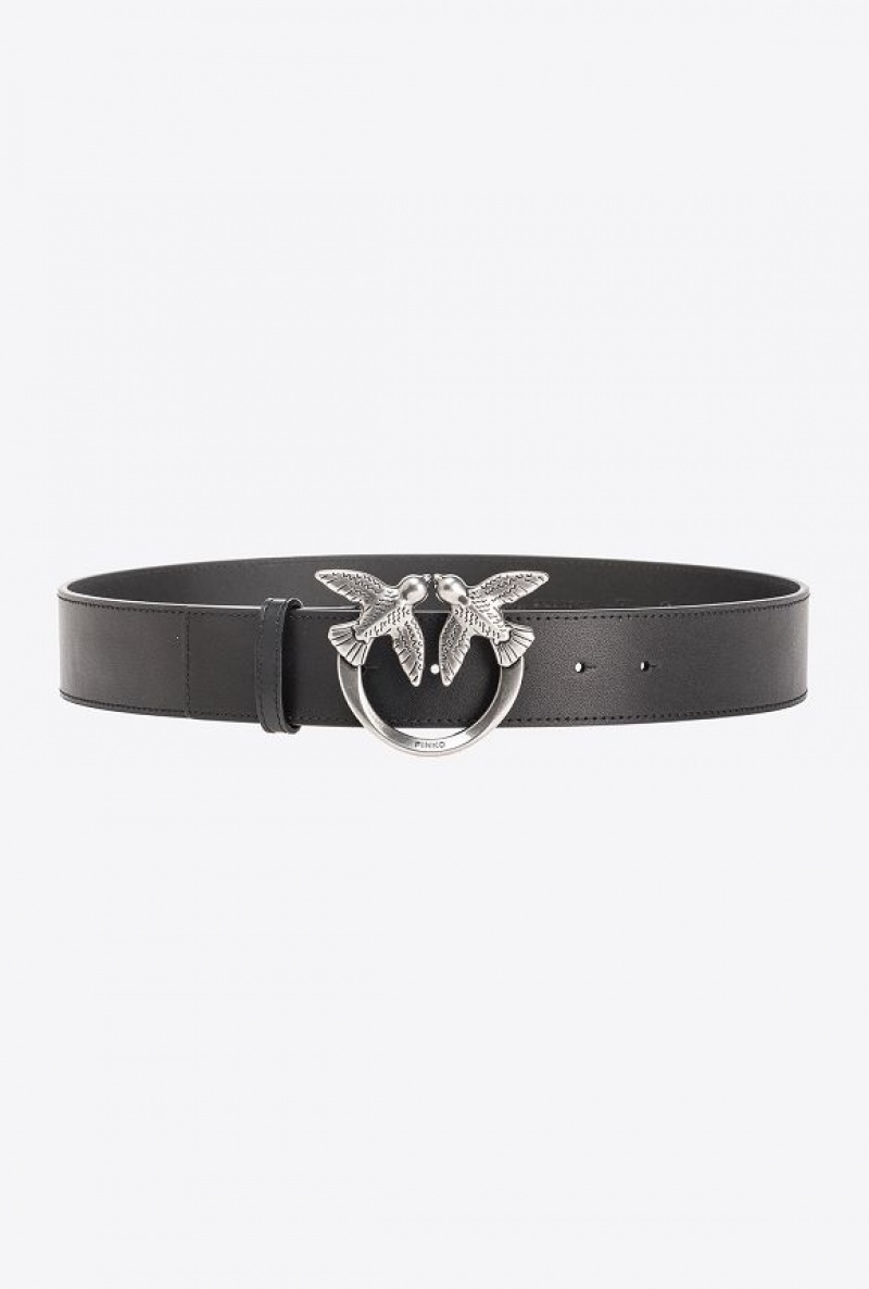 Pinko Love Birds High Læder Belt 4cm Černé Stříbrné | SN-PKO34253