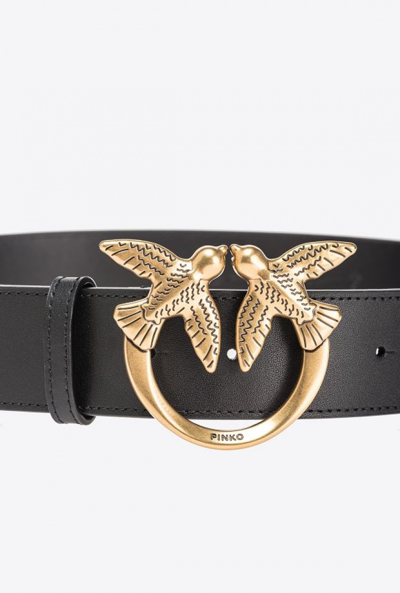 Pinko Love Birds High Læder Belt 4cm Černé Zlaté | SN-PKO34257