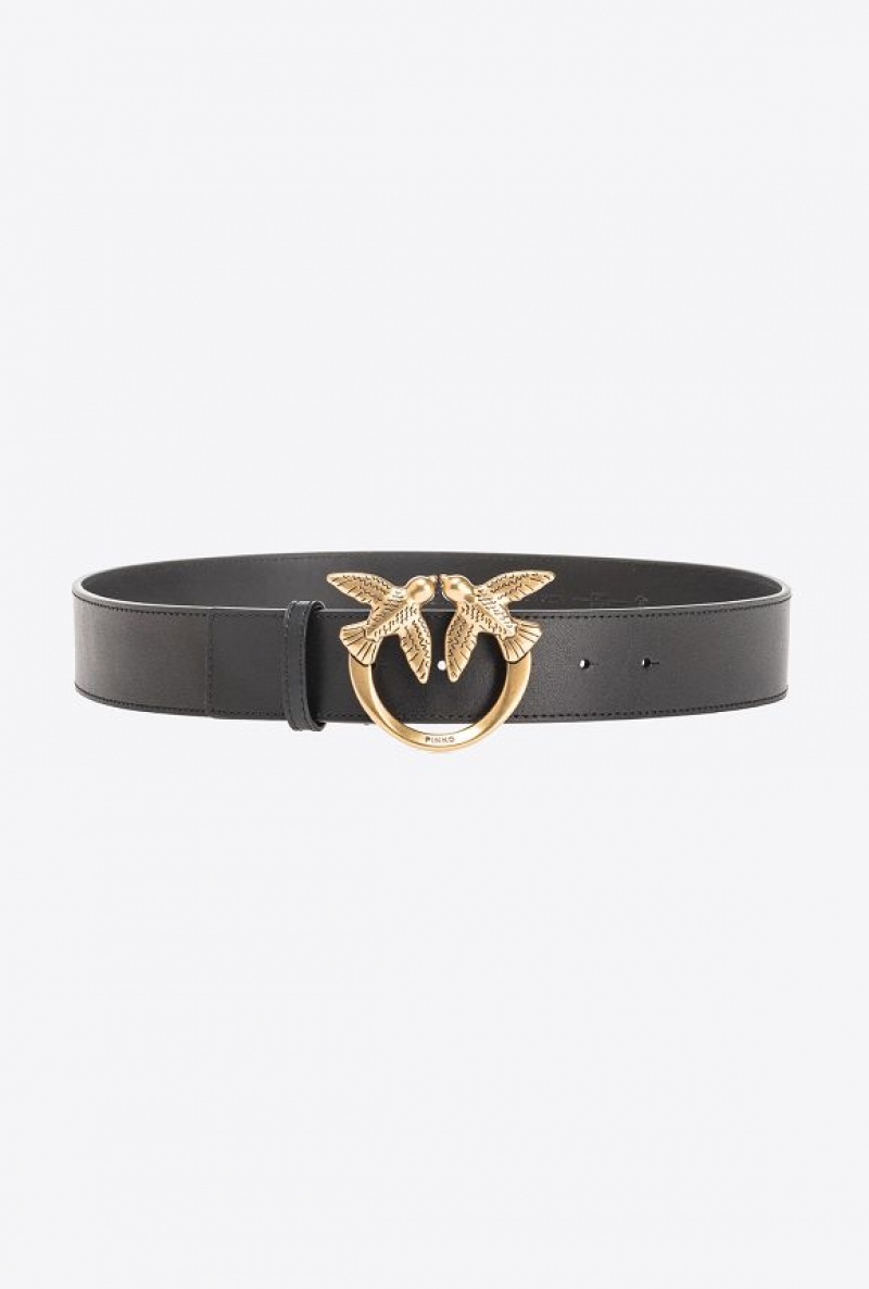 Pinko Love Birds High Læder Belt 4cm Černé Zlaté | SN-PKO34257