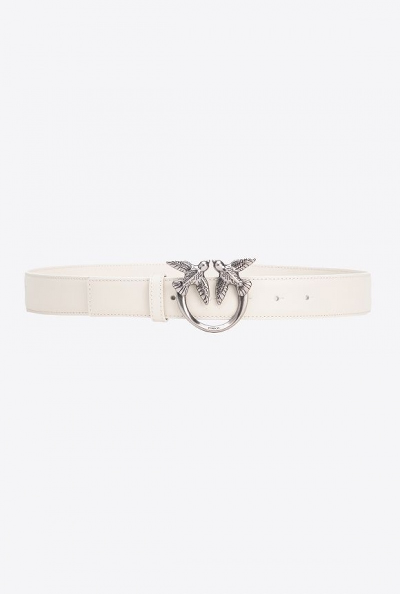 Pinko Love Birds Læder Belt 3cm Bílé Bílé Stříbrné | SN-PKO34171