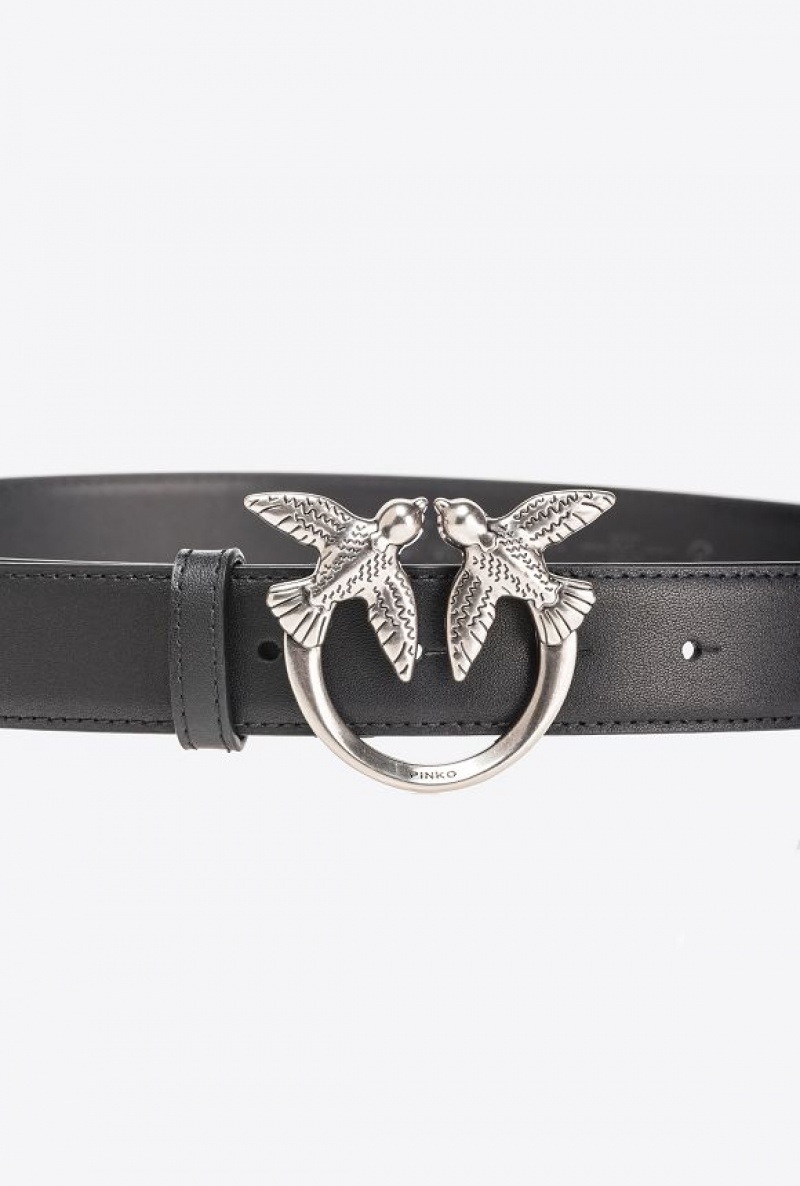 Pinko Love Birds Læder Belt 3cm Černé Stříbrné | SN-PKO34252