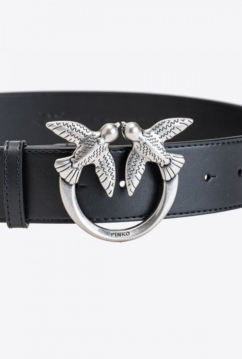 Pinko Love Birds Læder Belt Černé Stříbrné | SN-PKO34196