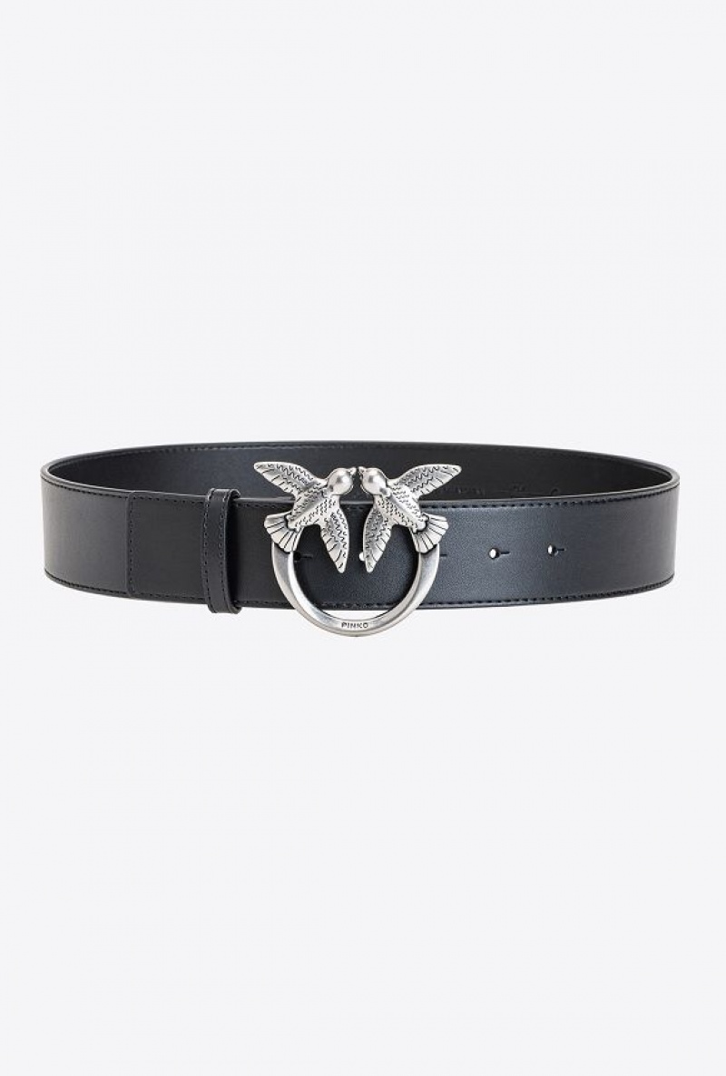 Pinko Love Birds Læder Belt Černé Stříbrné | SN-PKO34196