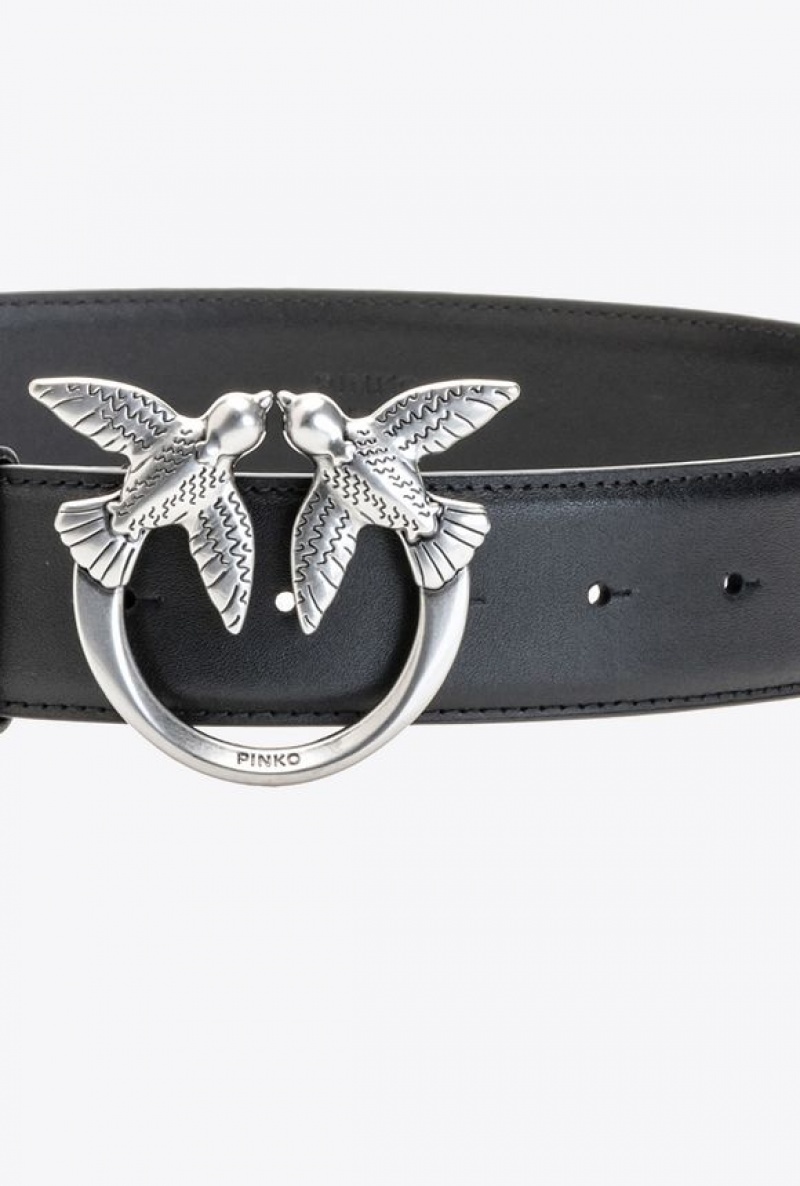 Pinko Love Birds Læder Belt Černé Stříbrné | SN-PKO34197