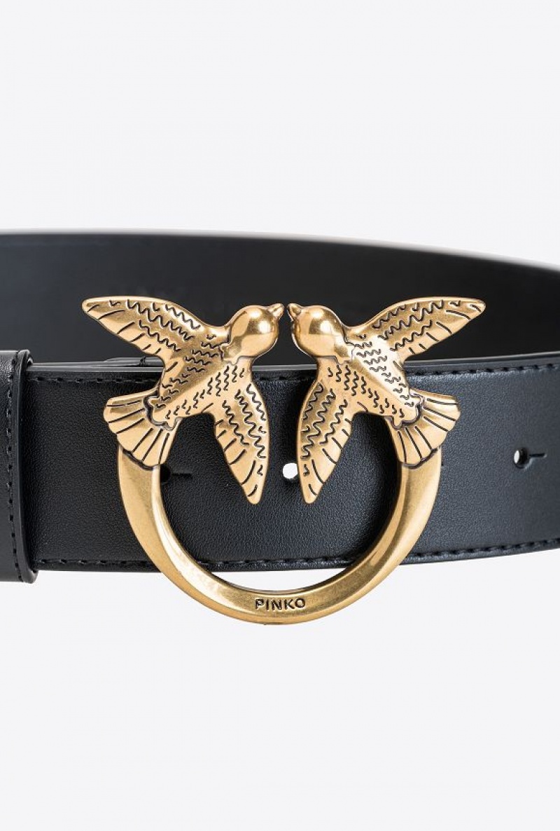 Pinko Love Birds Læder Belt Černé Zlaté | SN-PKO34202