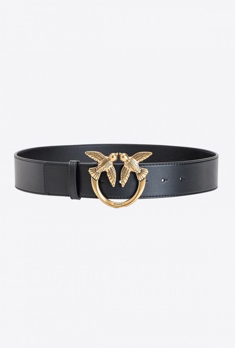 Pinko Love Birds Læder Belt Černé Zlaté | SN-PKO34202