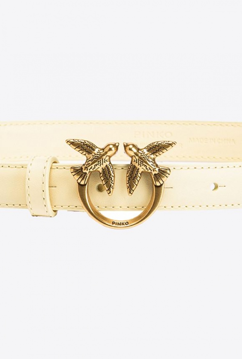 Pinko Love Birds Thin Læder Belt 2cm Krém Zlaté | SN-PKO34234