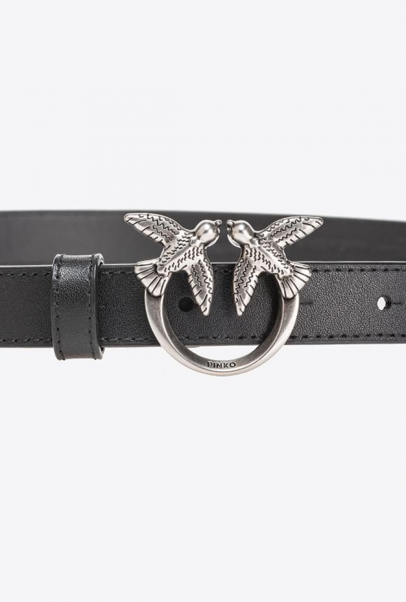 Pinko Love Birds Thin Læder Belt 2cm Černé Stříbrné | SN-PKO34251