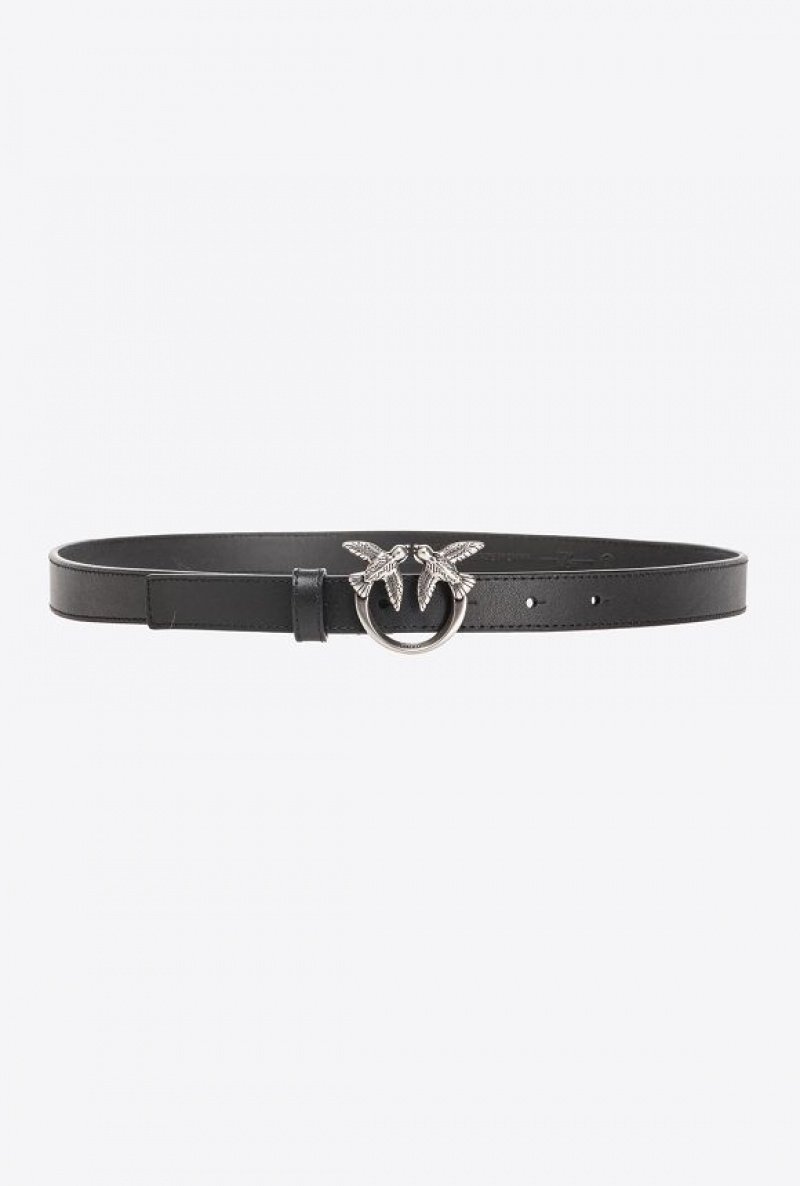 Pinko Love Birds Thin Læder Belt 2cm Černé Stříbrné | SN-PKO34251