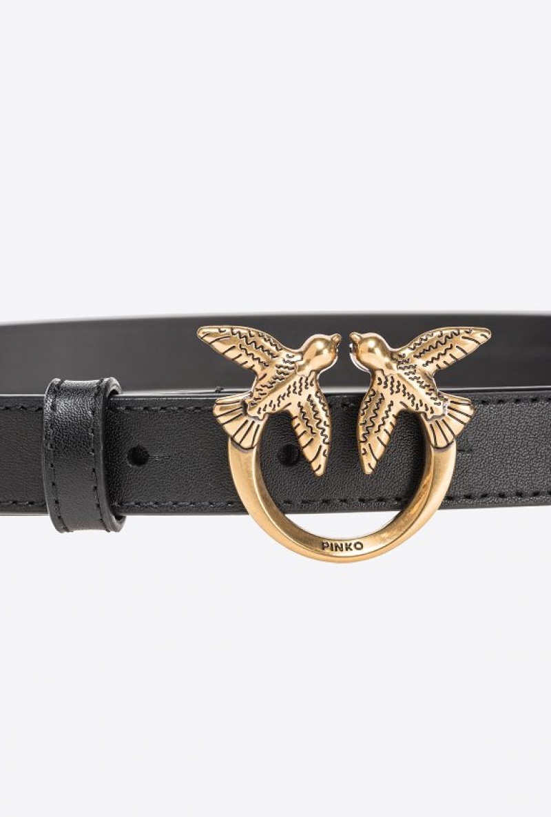 Pinko Love Birds Thin Læder Belt 2cm Černé Zlaté | SN-PKO34255